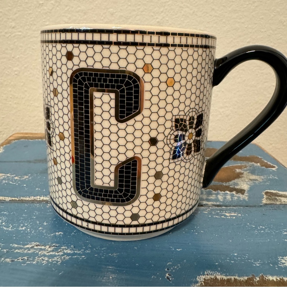 Anthropologie Bistro Tile Margot Monogram Mug "C" Black, White, Gold Honeycomb
